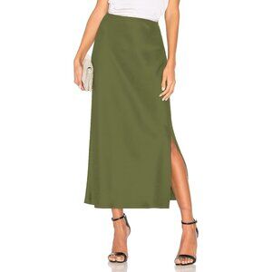 Women's Army Green Satin Elastic Silk A Line Flowy Ruffle Cocktail Midi Skirt